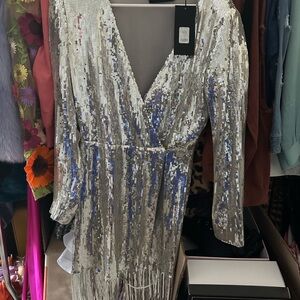 Silver Sequin V-Neck Fringe Cocktail Dress